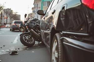 ai generiert ein Motorrad abgestürzt in ein Auto auf ein Stadt Straße, Unfall von das Auto und das Motorradfahrer foto