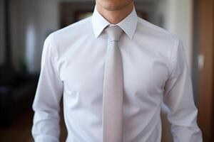 ai generiert schließen oben von ein Mann im ein Weiß Hemd und Krawatte. foto