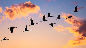 ai generiert ein Herde von wandernd Vögel fliegt im Keile im das Entfernung im das Sonnenuntergang Himmel foto