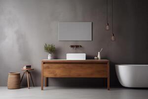 ai generiert modern Badezimmer im grau Töne und hölzern Möbel foto