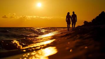 ai generiert Silhouette von ein romantisch Paar halten Hände und Gehen auf das Strand beim Sonnenuntergang. foto
