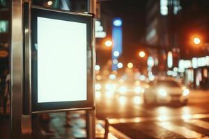 ai generiert beleuchtet leer Plakatwand mit Kopieren Raum zum Ihre Text Botschaft oder Inhalt, Öffentlichkeit Information Tafel im Nacht Stadt mit schön Dämmerung auf Hintergrund, Werbung spotten oben Banner foto