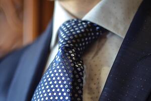 ai generiert schließen oben von ein Blau und Weiß Krawatte auf ein des Mannes passen foto