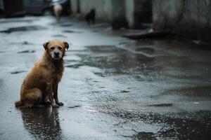 ai generiert süß Hund Sitzung auf nass Straße im regnerisch Tag, warten zum Inhaber foto