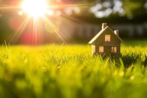 ai generiert Miniatur Haus auf das Wiese im das Strahlen von das Rahmen Sonne foto