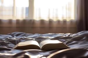 ai generiert ein öffnen Buch Lügen auf das Bett gegen das Hintergrund von das Fenster foto