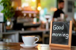 ai generiert Kaffee Tasse und Tafel mit gut Morgen Text auf Tabelle im Cafe foto