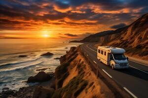 ai generiert Weiß Wohnmobil Lieferwagen ziehen um entlang das Autobahn entlang das Strand beim Sonnenuntergang, Familie Reise Konzept foto