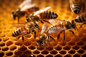 ai generiert ein Schwarm von Bienen Arbeiten auf Waben foto