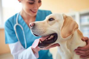 ai generiert Pflege Frau Tierarzt untersucht ein Hund beim ein geplanter Termin foto