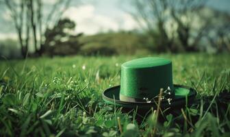 ai generiert st. Patrick's Tag Hintergrund mit Grün Hut und Kleeblatt auf Grün Gras foto