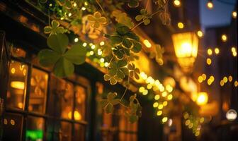 ai generiert st. Patrick's Tag. golden Kleeblatt auf das Hintergrund von Nacht Straße foto