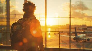 ai generiert Reisender beim Flughafen Terminal Aufpassen Sonnenaufgang Über Runway foto
