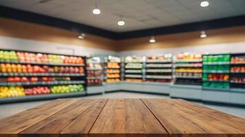 leeren hölzern Tabelle mit schön Supermarkt Hintergrund, fotorealistisch foto