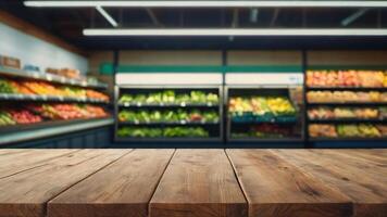 leeren hölzern Tabelle mit schön Supermarkt Hintergrund, fotorealistisch foto