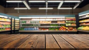 leeren hölzern Tabelle mit schön Supermarkt Hintergrund, fotorealistisch foto