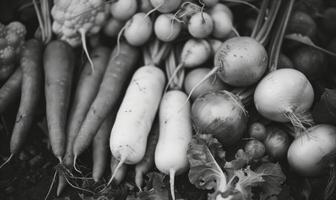 ai generiert Ernte Gemüse. schwarz und Weiß Foto. oben Sicht. foto