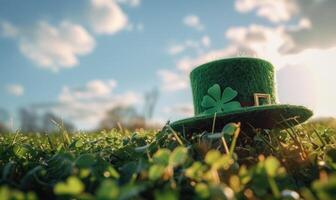 ai generiert st. Patrick's Tag Hintergrund mit Grün Hut und Kleeblatt auf Grün Gras foto