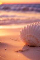 ai generiert ein Schale auf das Sand mit Wellen im das Hintergrund foto