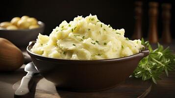 ai generiert Kartoffel Salat serviert im Tisch, Diät Konzept foto