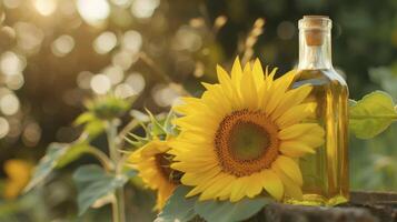 ai generiert ein Sonnenblume Blume und ein Flasche von Sonnenblume Öl foto