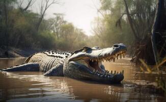 ai generiert ein Krokodil Öffnung es ist Mund mit ein Wasser Wald Hintergrund foto