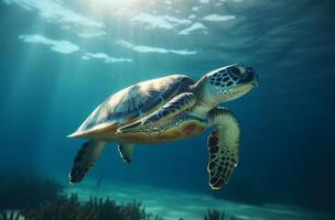 ai generiert Meer Schildkröte unter Wasser Schwimmen im das Blau Meer. lebendig Blau Ozean mit Schildkröte. Tauchen Tauchen mit wild Wasser- Tier. foto