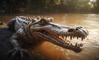 ai generiert ein Krokodil Öffnung es ist Mund mit ein Wasser Wald Hintergrund foto