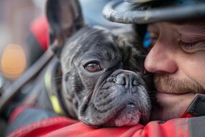 ai generiert Feuerwehrmann mit ein Französisch Bulldogge, Tier Rettung foto