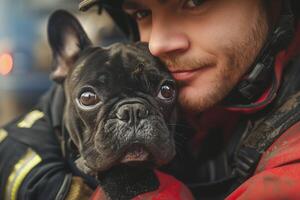 ai generiert Feuerwehrmann mit ein Französisch Bulldogge, Tier Rettung foto