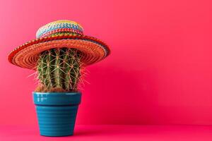 ai generiert Kaktus mit ein traditionell Mexikaner Sombrero auf ein beschwingt Rosa Hintergrund zum cinco de Mayo foto