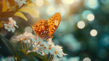 ai generiert schließen oben von ein Schmetterling mit Frühling Blumen, beschwingt Farben, filmisch foto