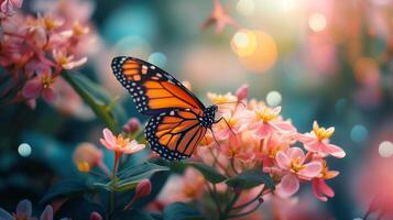 ai generiert schließen oben von ein Schmetterling mit Frühling Blumen, beschwingt Farben, filmisch foto