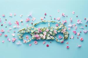 ai generiert modern Auto gemacht von Blätter und Blumen auf ein Pastell- Blau Hintergrund, Öko elektrisch Auto Konzept foto