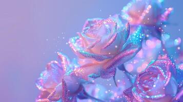 ai generiert festlich Karte mit holographisch funkeln Rosen auf ein Pastell- lila Hintergrund foto