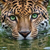 ai generiert ein Nahansicht von ein Jaguars Gesicht im das Wasser foto