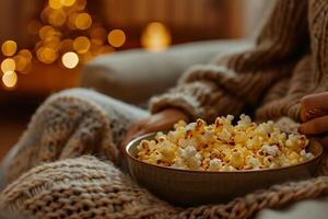ai generiert gemütlich Abend mit Popcorn und warm Beleuchtung mit ai generiert. foto