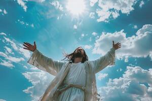 ai generiert Mann porträtieren Jesus Angebot Hand gegen Himmel mit ai generiert. foto