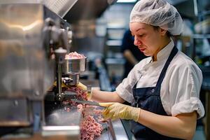 ai generiert Metzger vorbereiten gehackt Fleisch im Fabrik. foto