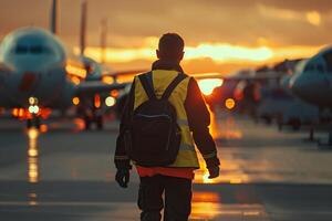 ai generiert Boden Besatzung beaufsichtigen Flughafen Operationen beim Sonnenuntergang mit ai generiert. foto