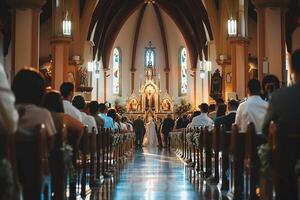 ai generiert Sonnenlicht Streaming durch Kirche während Bedienung mit ai generiert. foto