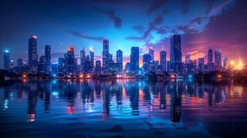 ai generiert Stadt Horizont beleuchtet beim Nacht foto