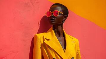 ai generiert Frau im Gelb passen und rot Sonnenbrille foto