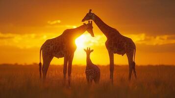 ai generiert zwei Giraffen Stehen im Feld beim Sonnenuntergang foto