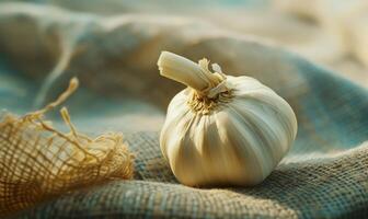 ai generiert Knoblauch auf ein Sackleinen, Nahaufnahme, selektiv Fokus foto