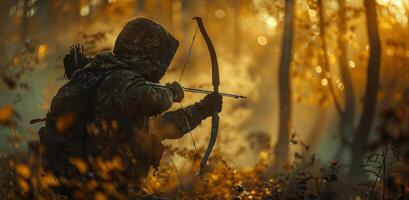 ai generiert Soldat mit ein Gewehr im das Wald foto