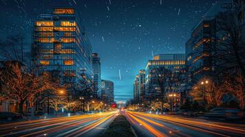 ai generiert beschwingt Stadt Straße beleuchtet beim Nacht foto