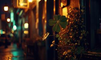 ai generiert st. Patrick's Tag. golden Kleeblatt auf das Hintergrund von Nacht Straße foto