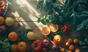 ai generiert frisch Früchte und Gemüse auf hölzern Tisch. oben Sicht. Kopieren Raum foto
