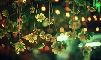 ai generiert st. Patricks Tag Hintergrund mit Grün Kleeblatt Blätter und Bokeh foto